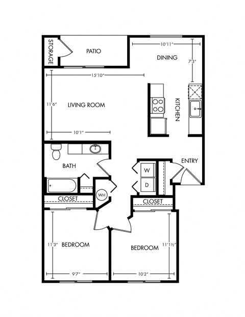 Floor plan for 2 beds, 1 bath, 867 sqft